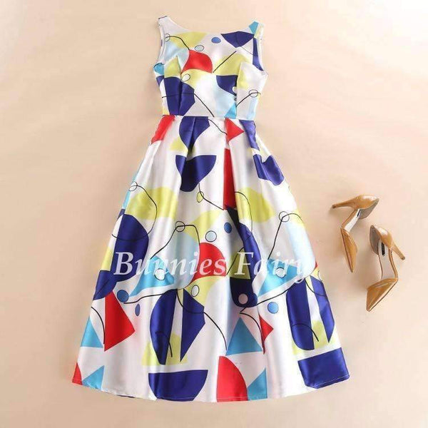 Planet Gates Celebrity-inspired Women Elegant Vintage Ink Painting Floral Print High Waist Midi Flare Dress Vestido de Fiesta