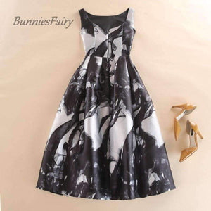 Planet Gates Celebrity-inspired Women Elegant Vintage Ink Painting Floral Print High Waist Midi Flare Dress Vestido de Fiesta
