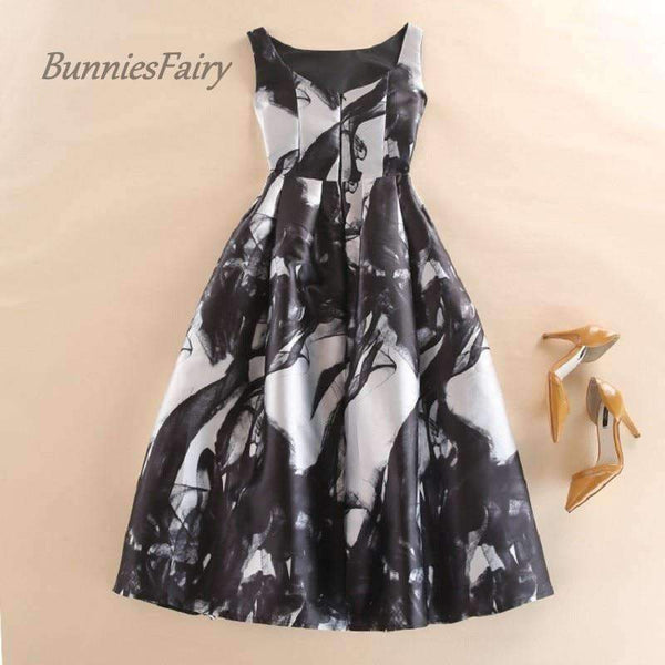 Planet Gates Celebrity-inspired Women Elegant Vintage Ink Painting Floral Print High Waist Midi Flare Dress Vestido de Fiesta