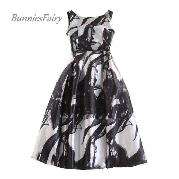 Planet Gates Celebrity-inspired Women Elegant Vintage Ink Painting Floral Print High Waist Midi Flare Dress Vestido de Fiesta
