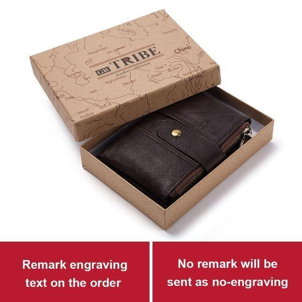 Planet Gates Chain and BOX 1 Leather Free Engraving Rfid Wallet Men Crazy Horse Wallets Coin Purse Short Male Money Bag Mini Walet  Quality