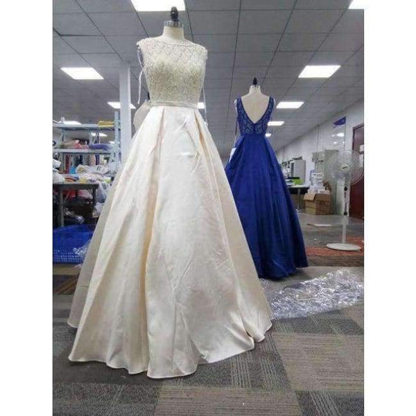 Planet Gates Champagne / 2 Beaded Evening Dresses Long Elegant O Neck Sexy Backless Satin Vestido Longo In Stock Floor Length Prom Gowns CC443