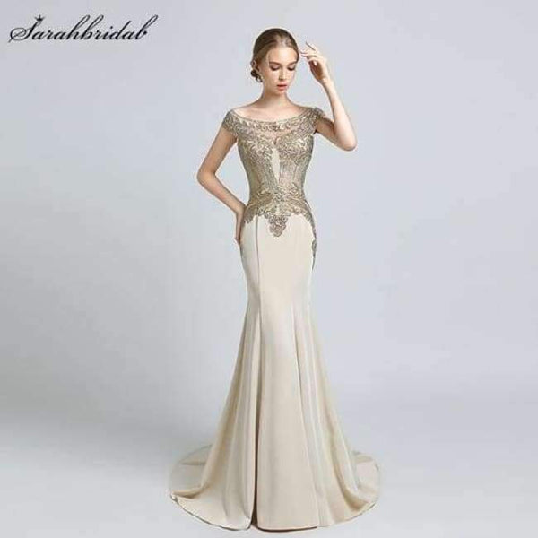 Planet Gates Champagne / 2 / China New Arrivals  Luxury Elegant Long Mermaid Evening Dresses Satin Party Gowns Formal Real Photos LSX401