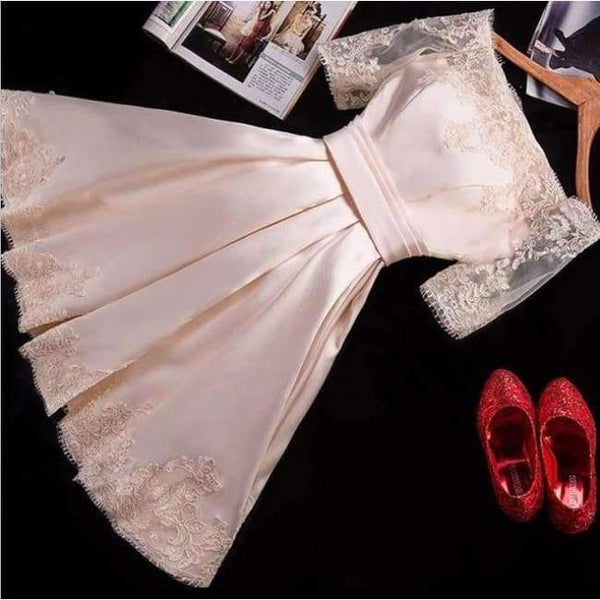 Planet Gates champagne / 2 Jersey Short Sleeve Ball Gown Embroidery Lace Special Occasion Women Evening Party Knee Length robe de Cocktail Dresses