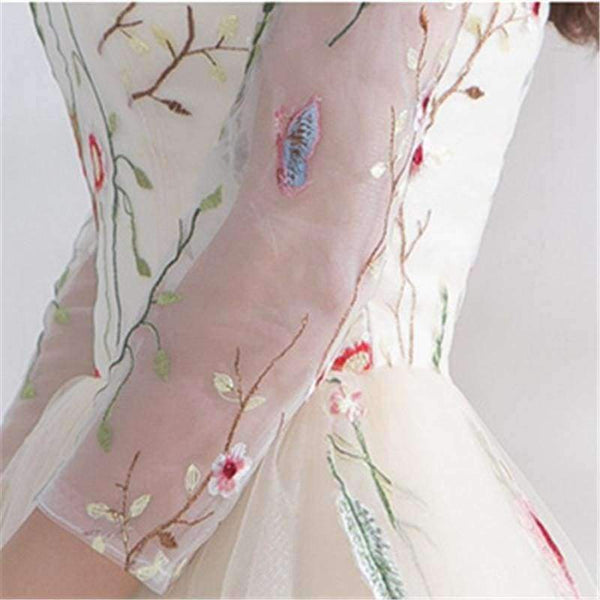 Planet Gates Champagne / 2 Luxury Champagne Three Quarter Sleeve Floral Print Lace Cocktail Dress Knee- Length Formal Dress Party Gown LX187