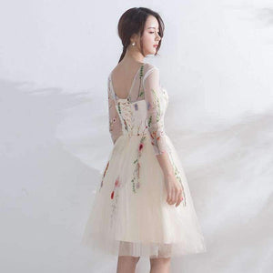 Planet Gates Champagne / 2 Luxury Champagne Three Quarter Sleeve Floral Print Lace Cocktail Dress Knee- Length Formal Dress Party Gown LX187