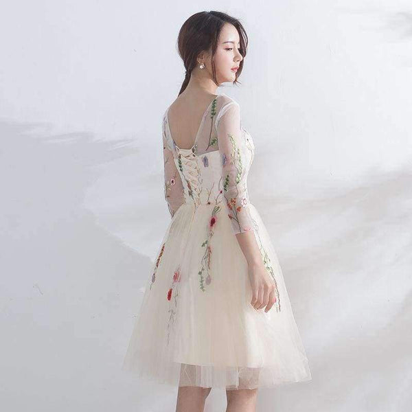 Planet Gates Champagne / 2 Luxury Champagne Three Quarter Sleeve Floral Print Lace Cocktail Dress Knee- Length Formal Dress Party Gown LX187