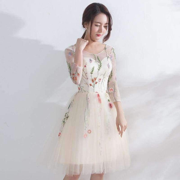 Planet Gates Champagne / 2 Luxury Champagne Three Quarter Sleeve Floral Print Lace Cocktail Dress Knee- Length Formal Dress Party Gown LX187