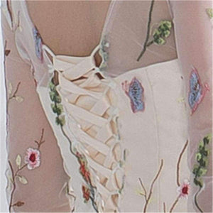 Planet Gates Champagne / 2 Luxury Champagne Three Quarter Sleeve Floral Print Lace Cocktail Dress Knee- Length Formal Dress Party Gown LX187