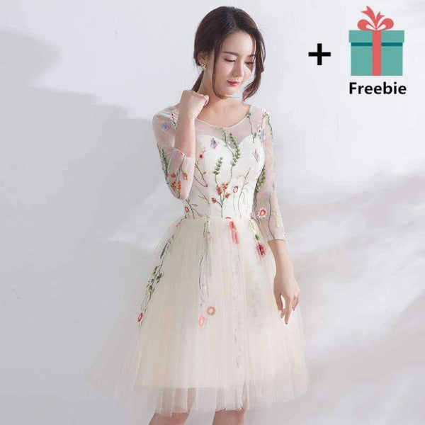 Planet Gates Champagne / 2 Luxury Champagne Three Quarter Sleeve Floral Print Lace Cocktail Dress Knee- Length Formal Dress Party Gown LX187