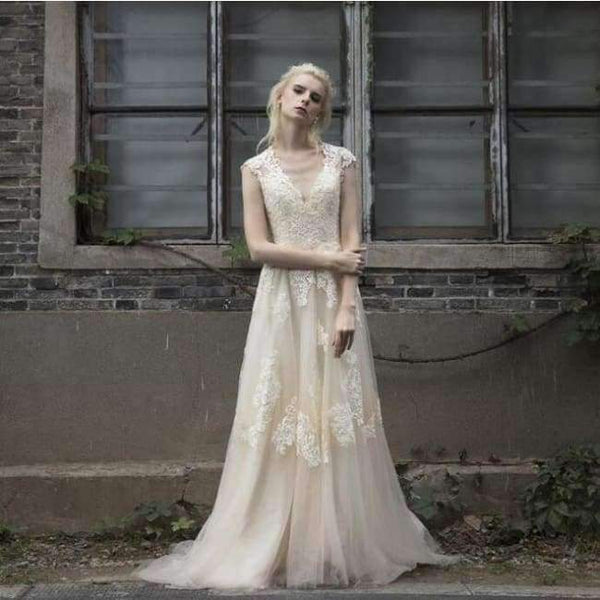 Planet Gates Champagne / 2 Wedding Dress robe de mariage gelinlik Beach Lace Wedding Dresses 2018 Plus Size vestido de noiva de renda