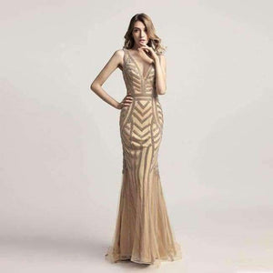 Planet Gates Champagne / 6 Beauty Silver Beading Mermaid Evening Dresses Sexy Tulle V-Neck Long Women Important Party Dress Luxury Prom Gowns OL476