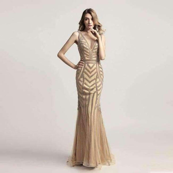 Planet Gates Champagne / 6 Beauty Silver Beading Mermaid Evening Dresses Sexy Tulle V-Neck Long Women Important Party Dress Luxury Prom Gowns OL476