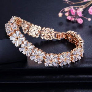 Planet Gates champagne gold Women Fashion Jewelry Gorgeous Silver Color Spring Flower Cubic Zirconia Connected Tennis Bracelet for Wedding CB010