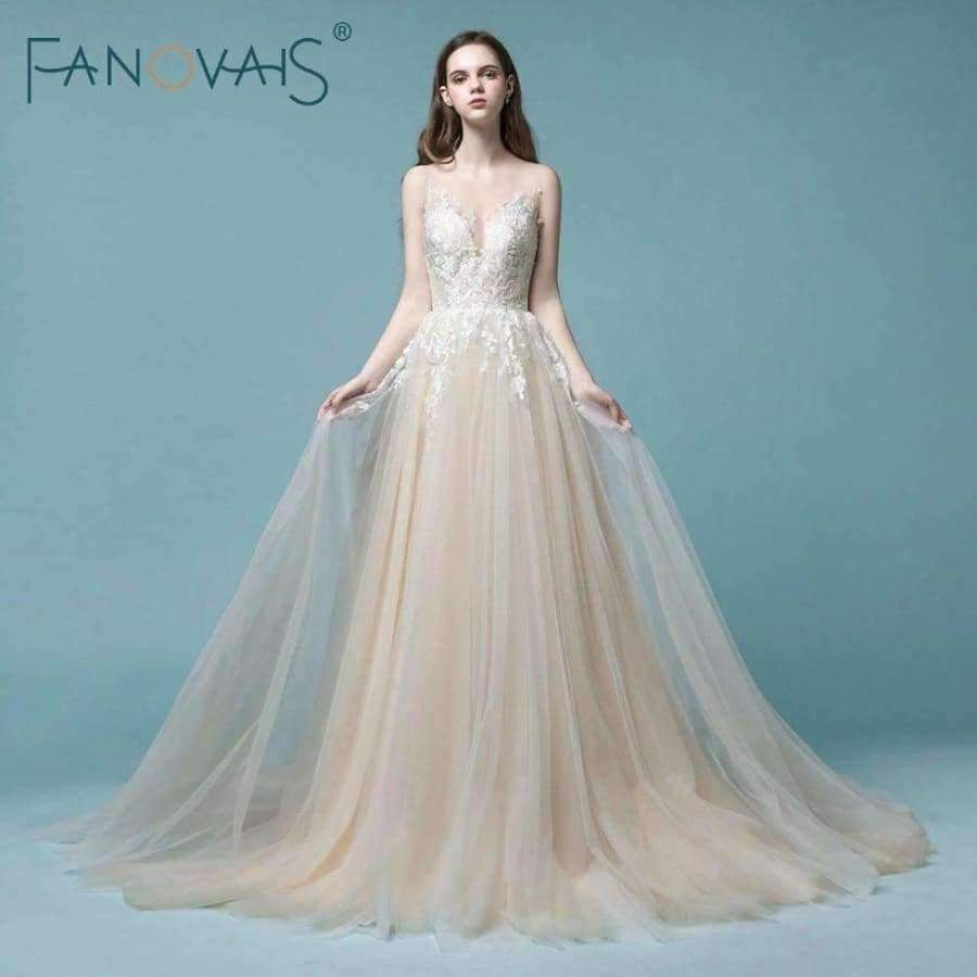 Planet Gates Champagne Lace Wedding Dress Beach Bridal Gowns Wedding Gowns Tulle Wedding DressesVestido de Novia 2018 robe de mariage