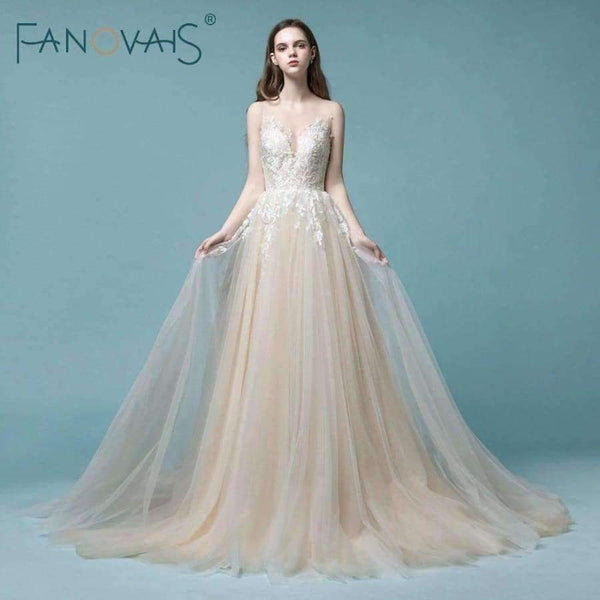 Planet Gates Champagne Lace Wedding Dress Beach Bridal Gowns Wedding Gowns Tulle Wedding DressesVestido de Novia 2018 robe de mariage