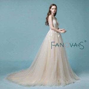 Planet Gates Champagne Lace Wedding Dress Beach Bridal Gowns Wedding Gowns Tulle Wedding DressesVestido de Novia 2018 robe de mariage