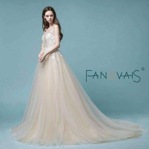 Planet Gates Champagne Lace Wedding Dress Beach Bridal Gowns Wedding Gowns Tulle Wedding DressesVestido de Novia 2018 robe de mariage