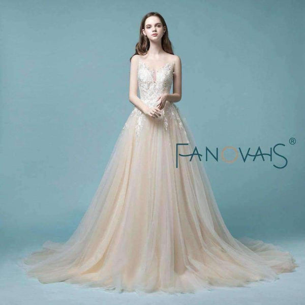 Planet Gates Champagne Lace Wedding Dress Beach Bridal Gowns Wedding Gowns Tulle Wedding DressesVestido de Novia 2018 robe de mariage