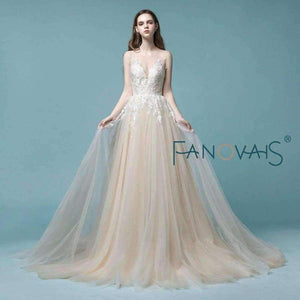 Planet Gates Champagne Lace Wedding Dress Beach Bridal Gowns Wedding Gowns Tulle Wedding DressesVestido de Novia 2018 robe de mariage