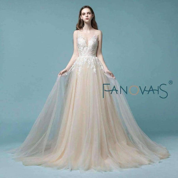 Planet Gates Champagne Lace Wedding Dress Beach Bridal Gowns Wedding Gowns Tulle Wedding DressesVestido de Novia 2018 robe de mariage