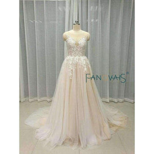 Planet Gates Champagne Lace Wedding Dress Beach Bridal Gowns Wedding Gowns Tulle Wedding DressesVestido de Novia 2018 robe de mariage