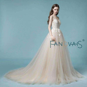 Planet Gates Champagne Lace Wedding Dress Beach Bridal Gowns Wedding Gowns Tulle Wedding DressesVestido de Novia 2018 robe de mariage