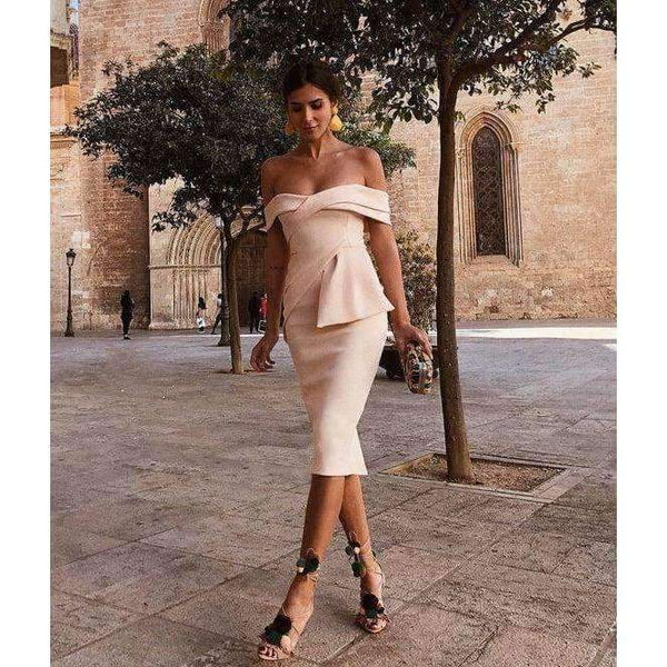 Planet Gates Champagne Short Satin Cocktail Dresses Plus Size Off Shoulder Knee Length Cheap Simple Arabic Formal Evening Party Dress