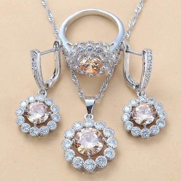 Planet Gates Champange 3PCS / 10 Wedding Costume 925 Sterling Silver White Zircon Jewelry Sets For Women Bridal Accessories  Jewel