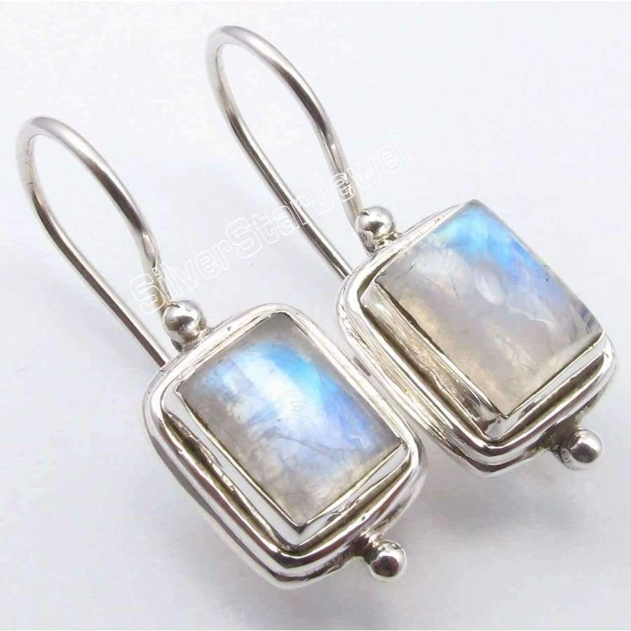 Planet Gates Chanti International . Pure Silver Natural RAINBOW MOONSTONE DANGLING Fix Wire Earrings 2.6 CM NEW