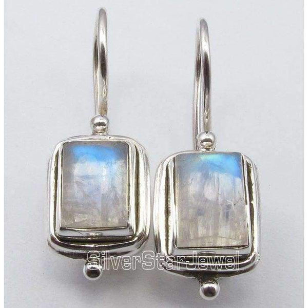 Planet Gates Chanti International . Pure Silver Natural RAINBOW MOONSTONE DANGLING Fix Wire Earrings 2.6 CM NEW