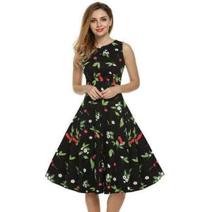 Planet Gates Kirsebær Sort / L ACEVOG Damekjole Retro Vintage 1950'er 60'er Rockabilly Blomster Swing Sommerkjoler Elegant Sløjfeknude Tunika Vestidos Morgenkåbe Oversize