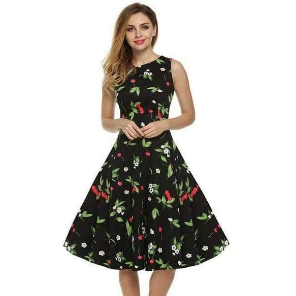 Planet Gates Kirsebær Sort / L ACEVOG Damekjole Retro Vintage 1950'er 60'er Rockabilly Blomster Swing Sommerkjoler Elegant Sløjfeknude Tunika Vestidos Morgenkåbe Oversize