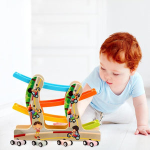 Planet Gates Children Diecasts Toy Wooden Vehicles Early Education Toys Car Four-layer Track Pulley Slide Car Baby Kids Toy Vehicles
