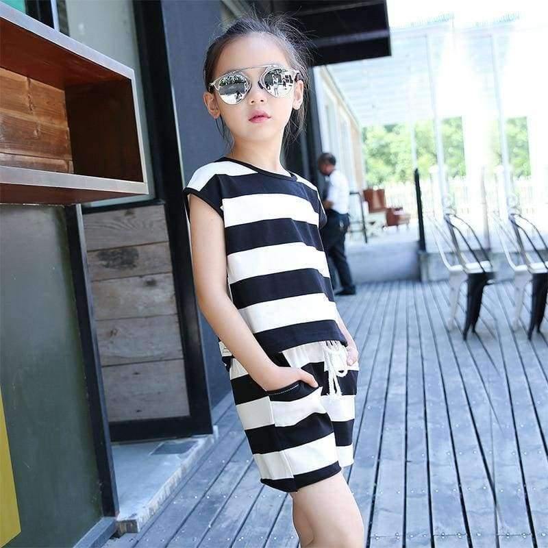 Planet Gates Black / 4T Children's Clothes Set Big Girls Summer New Fashion Short Sleeve Stripe Top Shorts 2pc Set Teenage Girl Casual Suit 4-16 Year