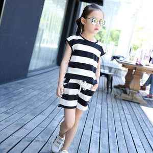 Planet Gates Children's Clothes Set Big Girls Summer New Fashion Short Sleeve Stripe Top Shorts 2pc Set Teenage Girl Casual Suit 4-16 Year