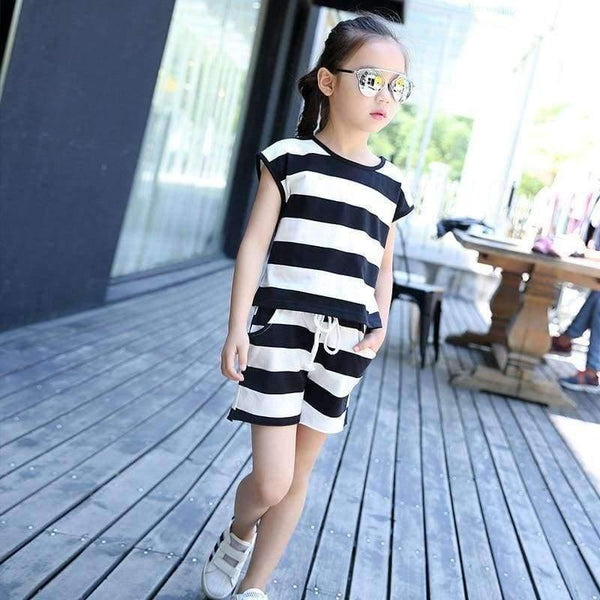 Planet Gates Children's Clothes Set Big Girls Summer New Fashion Short Sleeve Stripe Top Shorts 2pc Set Teenage Girl Casual Suit 4-16 Year