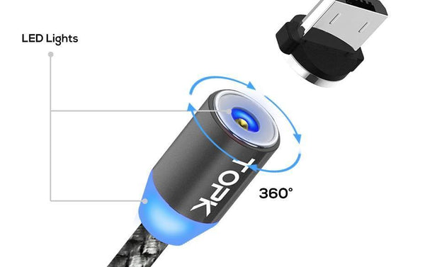 Planet Gates China / 1 Gray Cable 1 Plug / 1m TOPK R-Line1 LED Magnetic Micro USB Cable ,Upgraded Reflective Nylon Braided Magnetic Charger USB Cable for Micro USB Port Phone