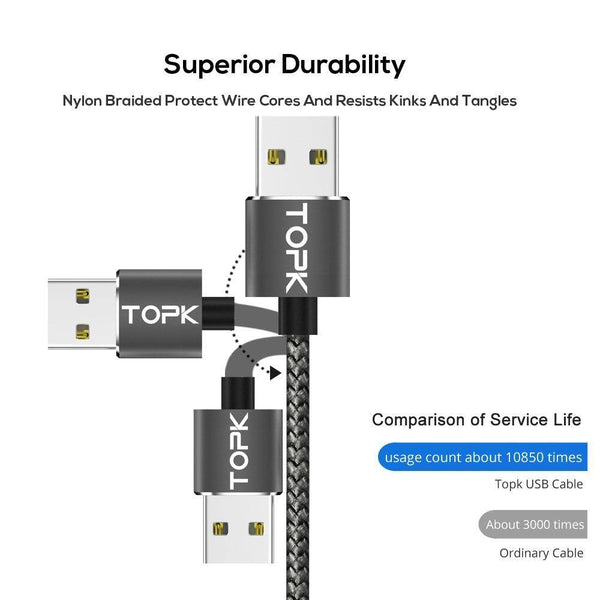 Planet Gates China / 1 Gray Cable 1 Plug / 1m TOPK R-Line1 LED Magnetic Micro USB Cable ,Upgraded Reflective Nylon Braided Magnetic Charger USB Cable for Micro USB Port Phone