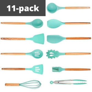 Planet Gates China / 11 Pack Silicone Cooking Utensils Kitchen Utensil set - 9&11 Natural Wooden Silicone Cooking  Utensils - Kitchen Tools Gadgets