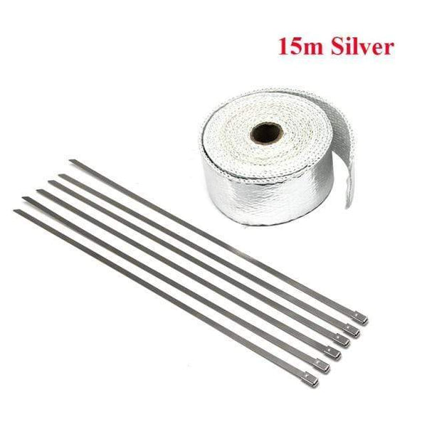 Planet Gates China / 15 Silver ZSDTRP 5cm*5M 10M 15M Titanium/Black Exhaust Heat Wrap Roll for Motorcycle Fiberglass Heat Shield Tape with Stainless Ties