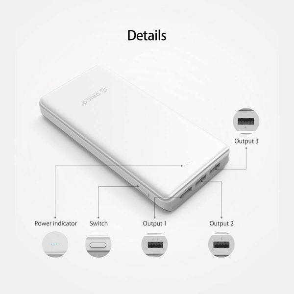 Planet Gates China / 20000mAh White ORICO 20000mAh 3 USB Power Bank 5V/2A*2+5V1A*1 External Battery Mobile Backup Bank Charger with Flashlight Universal White