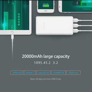 Planet Gates China / 20000mAh White ORICO 20000mAh 3 USB Power Bank 5V/2A*2+5V1A*1 External Battery Mobile Backup Bank Charger with Flashlight Universal White