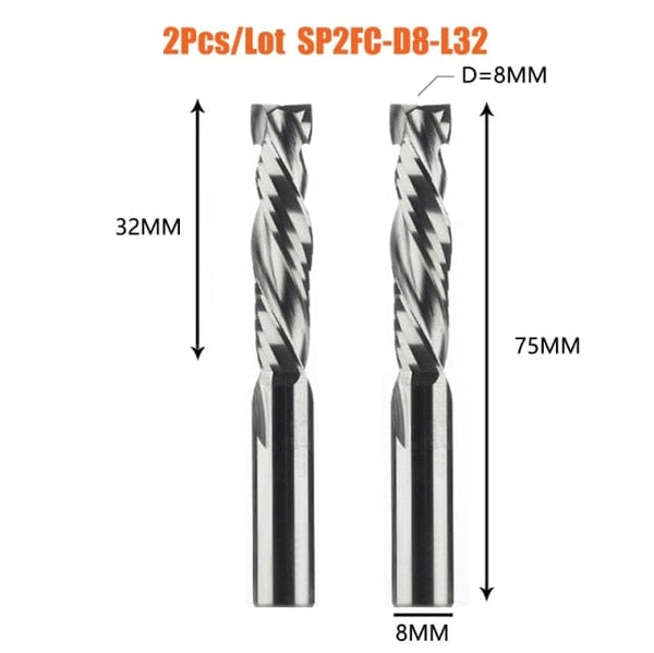 Planet Gates China / 2PC-SP2FC-D8.0-L32 2PCS/LOT Compression Milling Cutter Woodwork DOWN Cut Two Flute Spiral Carbide Milling Tool CNC Router Bits Wood End Mill Cutter