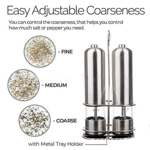 2 PCS Electric Pepper Mill Gravity  Salt and Pepper Grinder Set with Metal Stand Battery Salt Shakers Automatic with LED Light