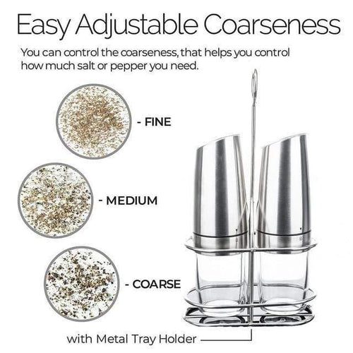 2 PCS Electric Pepper Mill Gravity  Salt and Pepper Grinder Set with Metal Stand Battery Salt Shakers Automatic with LED Light