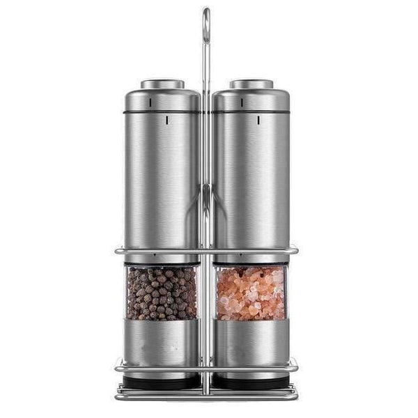 2 PCS Electric Pepper Mill Gravity  Salt and Pepper Grinder Set with Metal Stand Battery Salt Shakers Automatic with LED Light