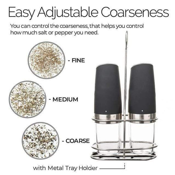 2 PCS Electric Pepper Mill Gravity  Salt and Pepper Grinder Set with Metal Stand Battery Salt Shakers Automatic with LED Light