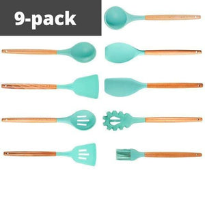 Planet Gates China / 9 Pack Silicone Cooking Utensils Kitchen Utensil set - 9&11 Natural Wooden Silicone Cooking  Utensils - Kitchen Tools Gadgets