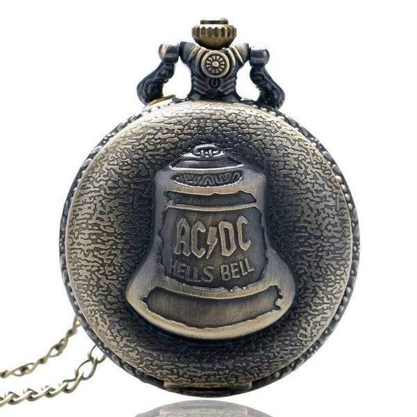 Planet Gates China Bell ACDC Pattern Quartz Pocket Watch Unisex Stainless Steel Case Arabic Numerals White Dial Necklace Chain Gifts